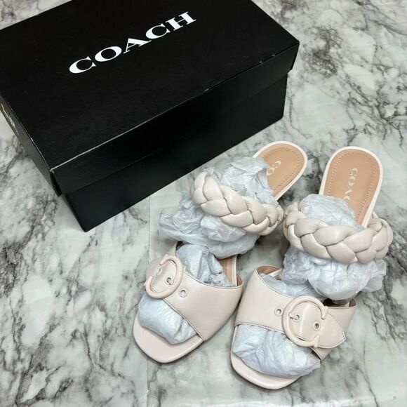 Coach Mollie leather Sandals braided Kitten Heel size 9.5 color chalk Classic - Picture 1 of 10